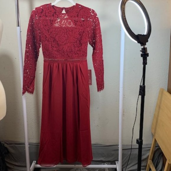 Truth & Fable Women's Burgundy Lace Long Sleeve Midi Dress XXS NWT - Picture 1 of 8